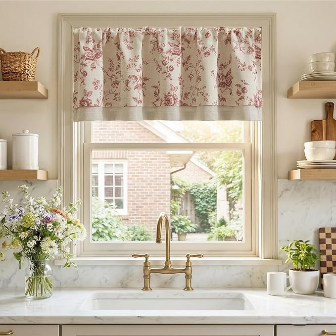 jinchan Amlie Floral Linen Valance Curtain Farmhouse Kitchen Valance for Living Room Laundry Light Filtering Double Layer Cottagecore Window Treatment Rod Pocket 1 Panel 16 Inch Maroon on Linen