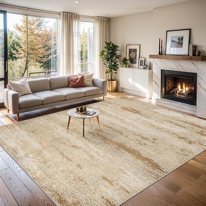 Area Rugs 10x14 Living Room - Washable Rug Modern Abstract Soft Large Neutral Non-Slip Carpet Indoor Floor Thin Carpets for Bedroom Dining Room Farmhouse Nursery Home Office Beige