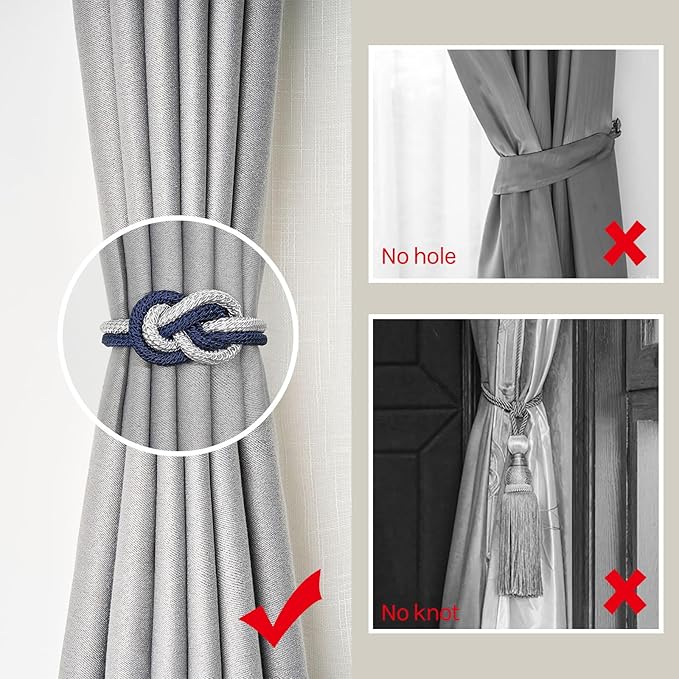 NICEEC 4 Pack Mini Magnetic Curtain Tiebacks Nordic Simple Style Drape Tie Backs Elegant Hand Weave Rope Knot Decorative Curtain Holdbacks for Home & Office Thin Window Drapery (Dark Blue & Grey)