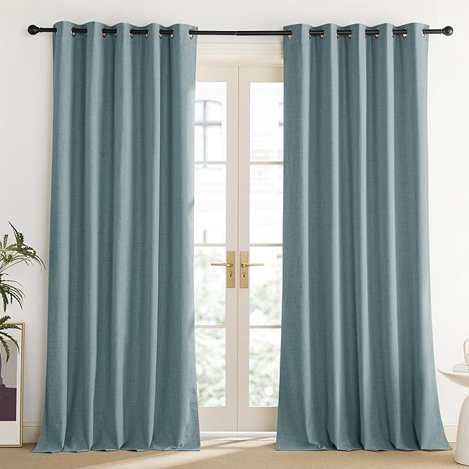 NICETOWN 100% Absolutely Blackout Linen Curtains with Thermal Insulated Liner, Skylark Blue, 62" Wide, 120" Length Energy Saving Curtains for Living Room 2 Panels Set, Vertical Blinds