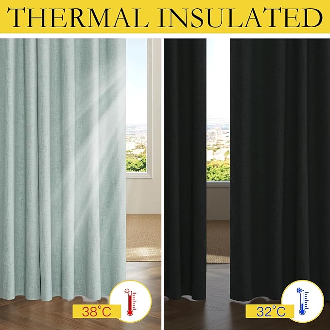 NICETOWN 100% Absolutely Blackout Linen Curtains with Thermal Insulated Liner, Seafoam Green, 42" Wide, 54" Length Energy Saving Curtains for Dining Room 2 Panels Set, Vertical Blinds