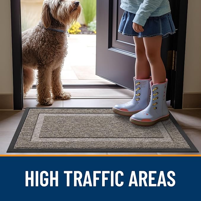 OLANLY Front Door Mat Indoor Outdoor Entrance, Waterproof All-Season, All-Weather Doormat, Sturdy Natural Rubber, Low Profile, Easy Clean Patio Porch Entryway Mat, 47x17, Khaki and White