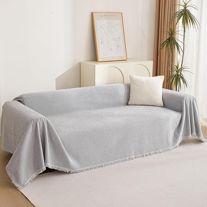 MYSKY HOME Sofa Cover for Dogs Washable for Loveseat, Boho Couch Cover Cover for Sofa, Couch Cover Blanket Soft Thick Durable Tassel Sofa Slipcovers Furniture Protector, 71"x 118", Light Gery