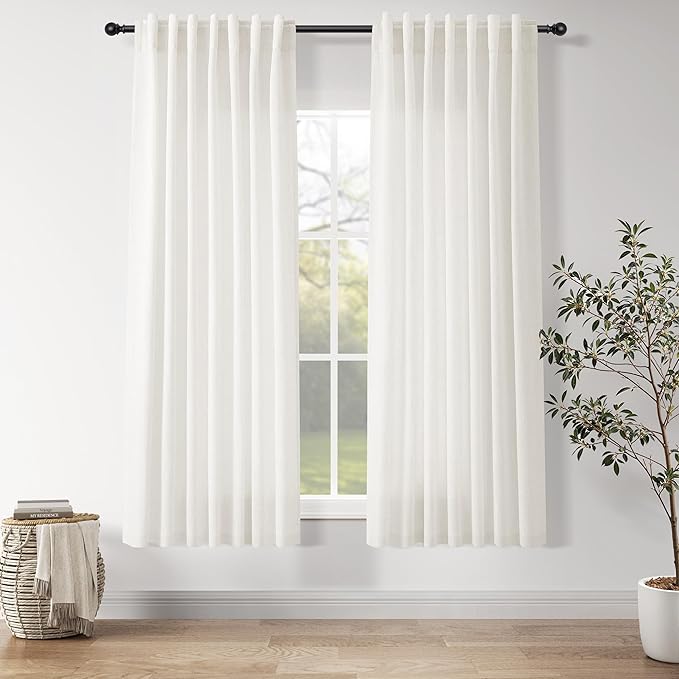 Nanspring Neutral Linen Curtains 63 Inch Length for Living Room Light Filtering Semi Sheer Curtain Coastal Modern Farmhouse Decor Drapes for Bedroom Back Tab and Rod Pocket 52x63, 2 Panels