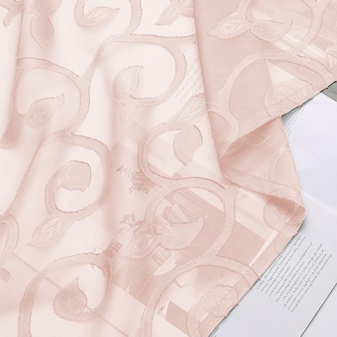 OWENIE Furman Blush Pink Sheer Curtains 24 inch Length 2 Panels Set for Bedroom Living Room Small Windows, Airy Soft Elegant Jacquard Textured Kitchen Curtains Tier, Each 28Wx24L inch