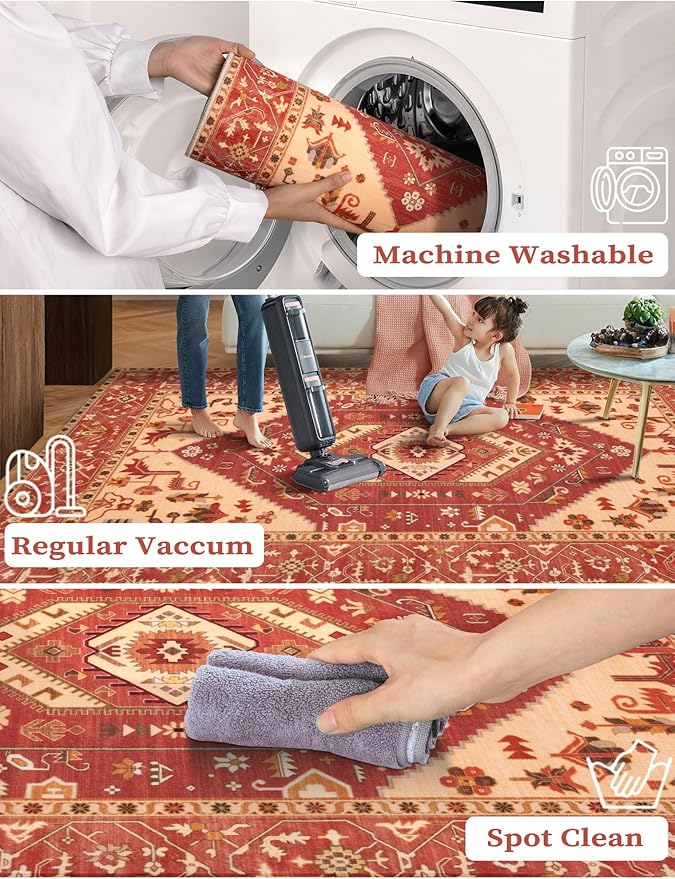 SERISSA Runner Rug for Hallways, 2'6"x12' Washable Non Slip Kitchen Runner Rug, Extra Long Boho Rug Ultra Soft Vintage Red Print Floor Carpet for Bedroom Hallway Entryway Bathroom Laundry Room