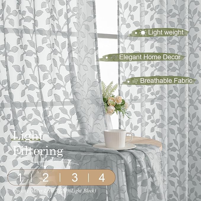 Chyhomenyc Light Grey Sheer Curtains 90 Inch Length 2 Panels Set, Light Filtering Tufted Textured Soft Airy Rod Pocket Gentle Leaf Window Treatment Drapes for Bedroom Living Room, 52" Wx90 L, 2PCS