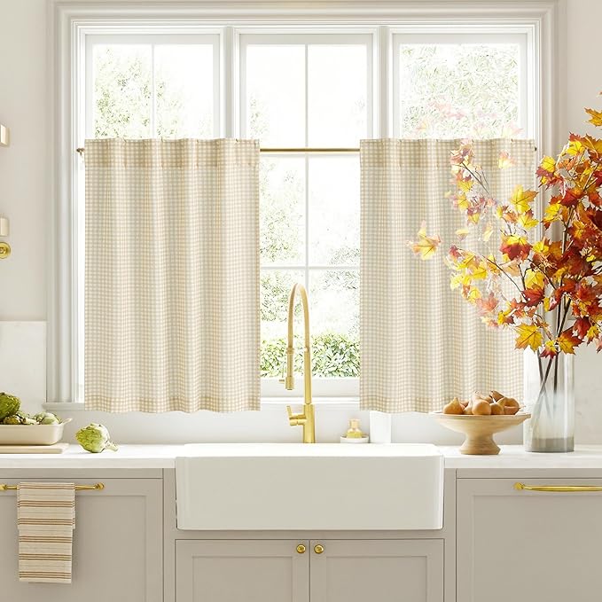 RYB HOME Checkered Kitchen Cafe Curtains 24 inch Length, Vintage Farmhouse Linen Plaid Curtains Gingham Small Window Treatment Valance for Living Room Bathroom, Yellow, W26 x L24, 2 Panels