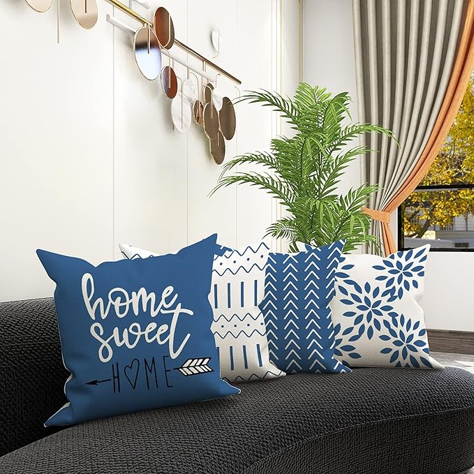 YCOLL Pillow Covers 22x22 Set of 4, Modern Sofa Throw Pillow Cover, Decorative Outdoor Linen Fabric Pillow Case for Couch Bed Car，Light Blue