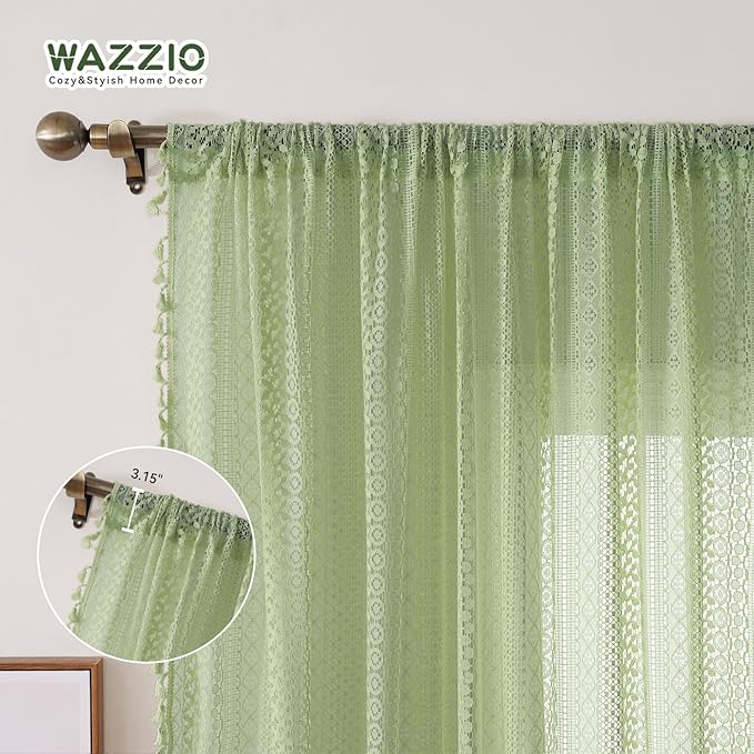 WAZZIO Boho Lace Curtains 63 Inches 2 Panel,Light Filtering Privacy Tassel & Geometry Crochet Semi Sheer Curtain Drapes for Bedroom Living Dining Room,Rod Pocket & Tassel,Grass Green