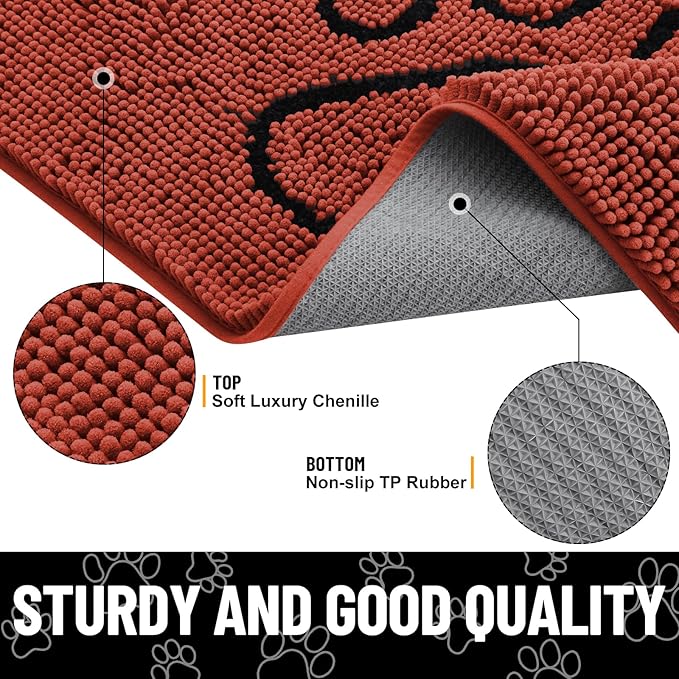 Smiry Dog Door Mat for Muddy Paws, Absorbent Dirt Trapper Non Slip Quick Dry Washable Chenille Mat for Mud Dogs, Entry Rug for Indoor and Outdoor (36x24 Inches, Maple Red and Black)