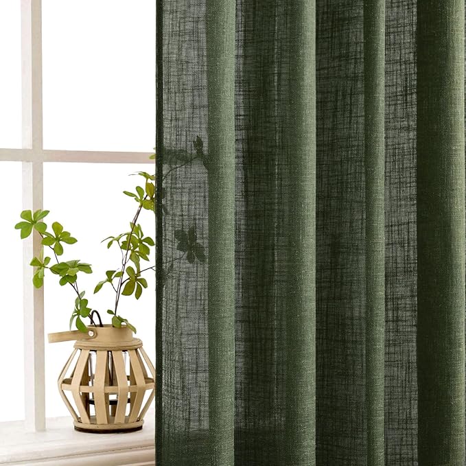 MIULEE Olive Green Linen Curtains 54 Inch Length 2 Panels for Bedroom Living Room, Soft Thick Linen Textured Natural Short Window Drapes Semi Sheer Light Filtering Back Tab Burlap Look Decor