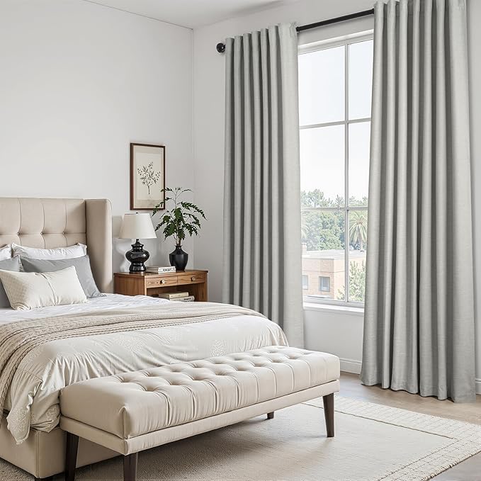 Frost Grey Blackout Linen Curtains 96 Inches Long 2 Panels for Bedroom 100% Black Out Curtains Thermal Insulated Noise Reducing Neutral Modern Living Room Darkening Window Drapes 96 inches Length