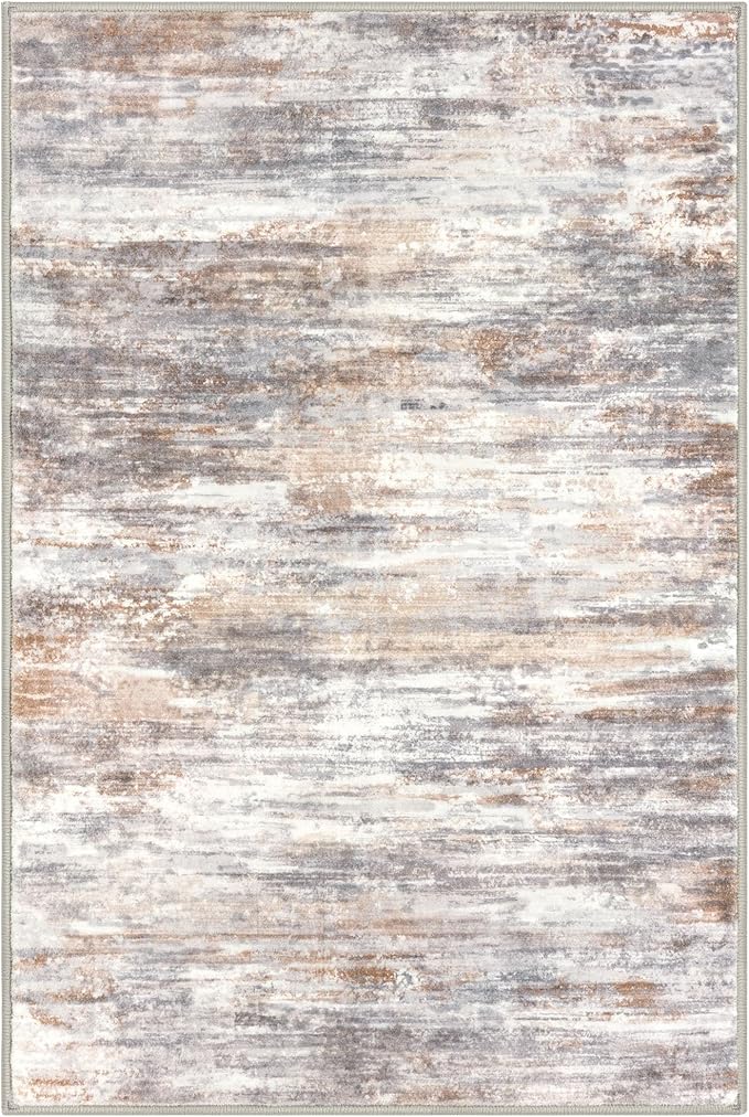 KOZYFLY Abstract Modern 3x5 Ft Area Rug in Multi Grey/Orange - Non-Slip and Machine Washable Indoor Rug, Versatile for Entryway, Kitchen, Living Room, Bedroom, Laundry Door Mat