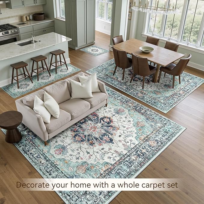 Area Rugs 6'x9' Washable Non-Slip, Floral Vintage Distress Print Pattern Medallion Carpet for Living Room Bedroom Dining Room, Green Navy Blue White Red Teal Colorful