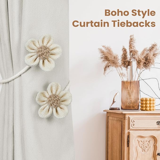 KLOGTSIND Flower Curtain Tiebacks, 4 Pack Curtain Ties Elegant DIY Curtain Holdbacks, Decorative Window Drape Twist Tie Backs for Boho Bedroom Decor, Nursery Decor, Farmhouse Decor