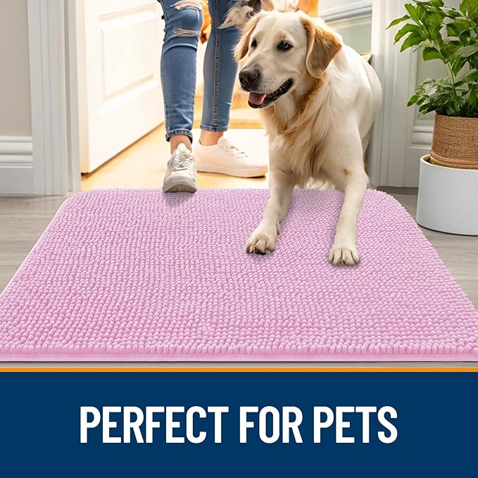 OLANLY Dog Door Mat for Muddy Paws 45x27, Absorbs Moisture and Dirt, Absorbent Non-Slip Washable Doormat, Quick Dry Chenille Mud Mat for Dogs, Entry Indoor Entryway Carpet for Inside Floor, Pink