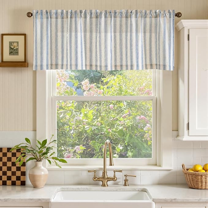 jinchan Striped Valance Farmhouse Window Treatment Linen Textured Drapes for Small Windows Kitchen Living Room RV Vintage Light Filtering Valance 16 Inch Rod Pocket 1 Panel Blue on Linen