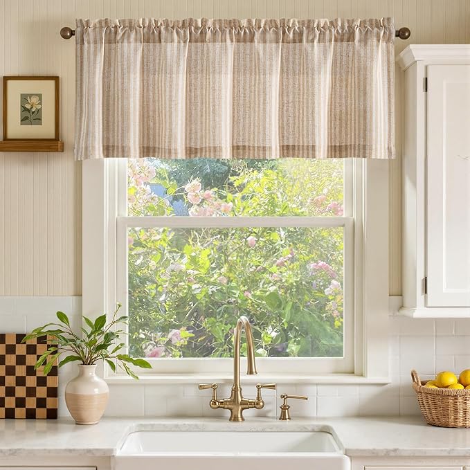 jinchan Valance Curtain Linen Textured Striped Window Curtain for Living Room Light Filtering Farmhouse Valance for Kitchen Rod Pocket 1 Panel 16 Inch Tan on Linen 1 Panel