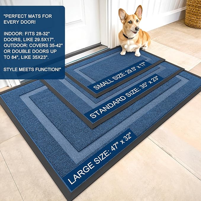 OLANLY Front Door Mat Indoor Outdoor Entrance, Waterproof All-Season, All-Weather Doormat, Sturdy Natural Rubber, Fade Resistant, Low Profile, Easy Clean Patio Porch Entryway Mat, 59x30, Light Blue