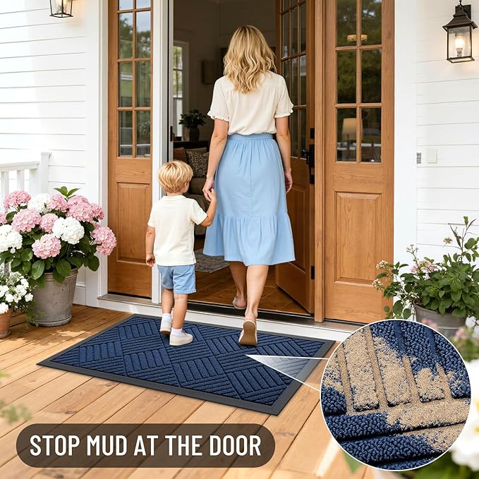 OLANLY Front Door Mat Outside Entrance 29.5x17, Absorbent, Heavy Duty Sturdy Natural Rubber Doormat Indoor Outdoor, Stain Fade Resistant, Non-Slip Low Profile Floor Mat for Entryway, Navy Blue Diamond