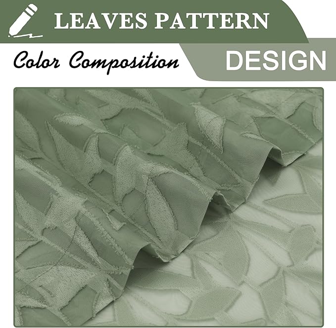 Lecloud Leia 2 Panels Semi Sage Green Sheer Curtains 45 Inch Length, Light Reducing Jacquard Clip Small Window Curtain Bedroom/Living Room/Kitchen, Farmhouse Leaves Voile Drapes Rod Pockets, 38W x 45L