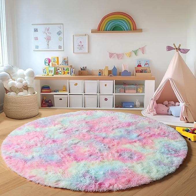 ONASAR Rainbow Round Rugs 6ft for Living Room Bedroom, Fluffy Circle Area Rug for Kids Girls Boys Teen, Soft Plush Shaggy Carpet for Nursery Dorm Classroom Playroom Home Decor Aesthetic