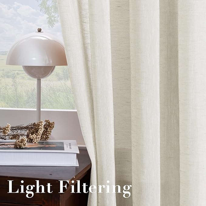 H.VERSAILTEX Linen Curtains Nickel Grommet Natural Linen Semi-Sheer Curtains 2 Panels Privacy Added Premium Soft Rich Material Drapes for Bedroom/Living Room - 37x84 Inch- Ivory