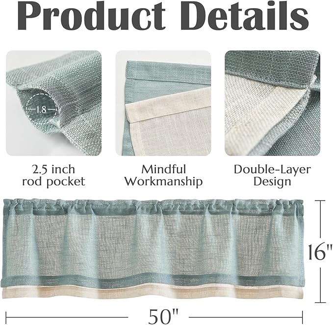 jinchan Linen Farmhouse Valances for Living Room Windows 16 Inch Slubbed Crossed Double Layer Window Valances Light Filtering Rustic Country Overlay Rod Pocket 2 Panels Blue Haze