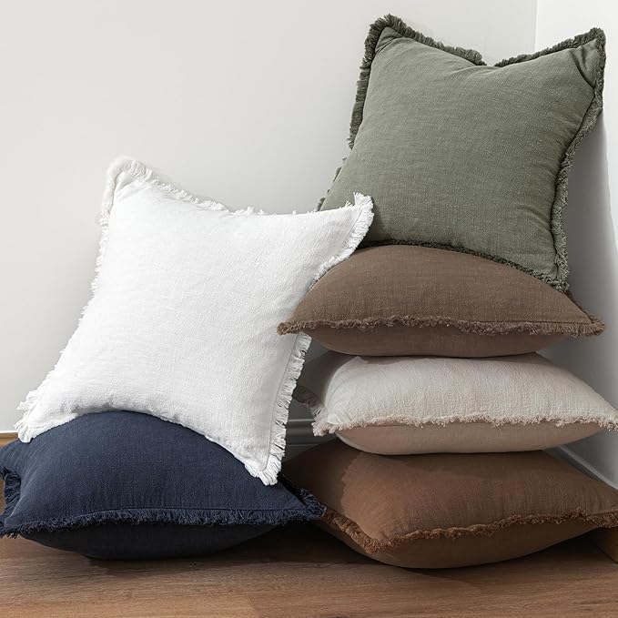 MIULEE Decorative Throw Pillow Covers Neutral Linen Fringe Throw Pillows Euro Shams Set of 2 Cocoa Brown Boho Farmhouse Cushion Covers for Couch Sofa Bed Living Room Spring Home Decor 24x24 Inch