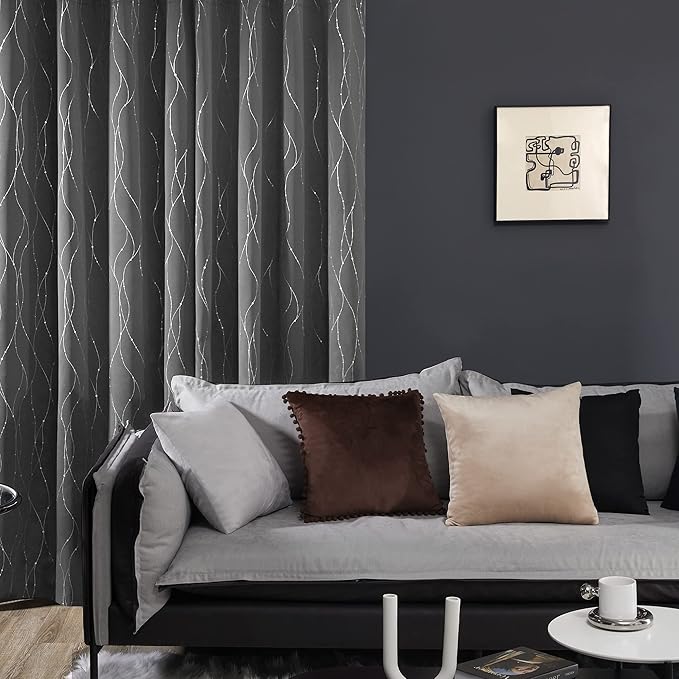 Deconovo Kitchen Curtains, Short Blackout Drapes 42 x 45 Inch, Thermal Insulated Soundproof Grommet Drape, Silver Wave Dots Foil Print Curtain for Small Windows, Living Room, Light Grey, Set of 2