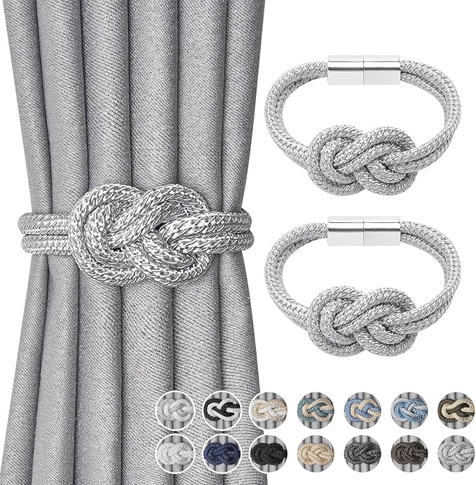 NICEEC 2 Pack Mini Magnetic Curtain Tiebacks Nordic Simple Style Drape Tie Backs Elegant Hand Weave Rope Knot Decorative Curtain Holdbacks for Home & Office Thin Window Drapery (Silver Grey)