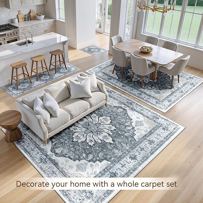 Area Rugs 9'x12' Washable Non-Slip, Floral Vintage Distress Print Pattern Medallion Carpet for Living Room Bedroom Dining Room, Light Gray Grey White