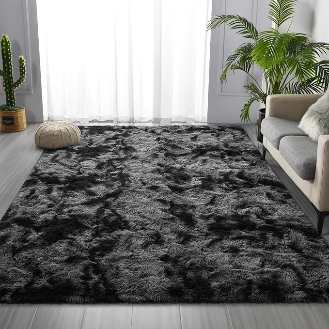 Deerhoo Large Shag Area Rugs 9 x 12, Tie-Dyed Plush Fuzzy Rugs for Living Room, Ultra Soft Fluffy Furry Rug for Bedroom, Indoor Carpet Nursery Rugs for Kids Room Home Decor, Dark Grey