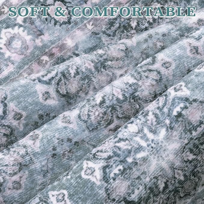 SERISSA Vintage Floral Rugs for Entryway, 2x3 Blue Grey Entryway Rug Non-Slip Washable Small Area Rug, Ultra Soft Boho Low-Pile Indoor Door Mat Floor Carpet for Entrance Bedroom Kitchen Bathroom