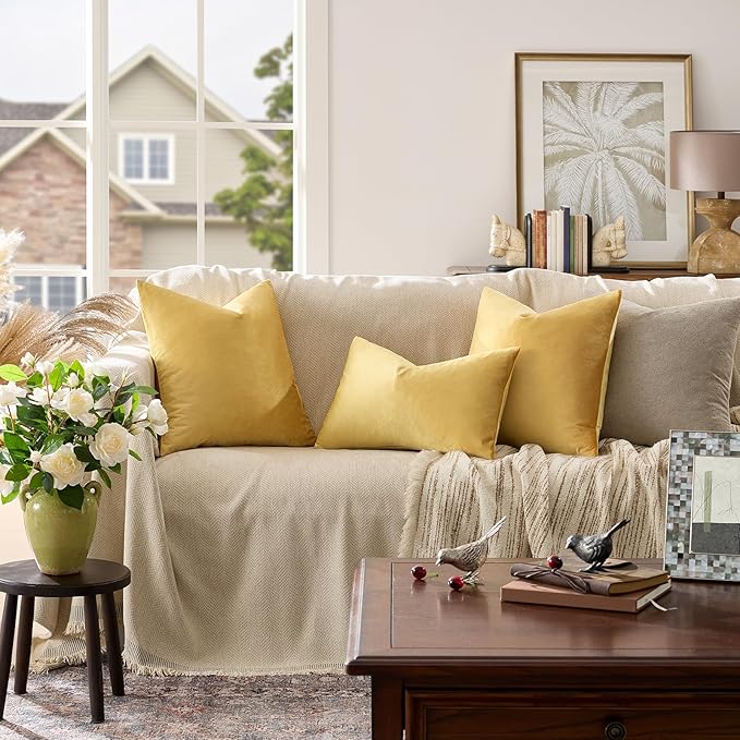 GIGIZAZA Yellow Velvet Decorative Throw Pillow Covers 20x20 inch for Sofa Bed 2 Pack Soft Cushion Cover