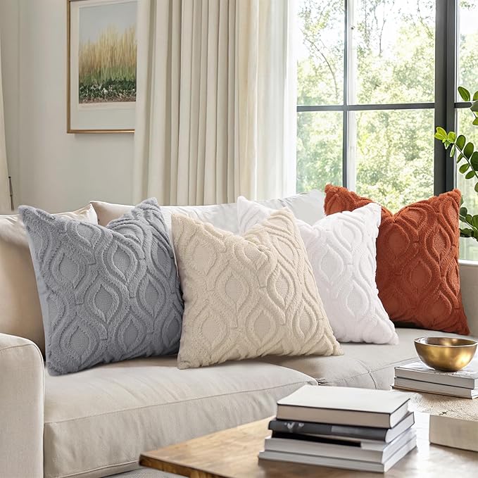 decorUhome Throw Pillow Covers 16x16 Inch Set of 2, Soft Plush Faux Wool Cream White Solid Couch Pillow Covers, Accent Farmhouse Neutral Square Pillow Cases for Sofa Bed Living Room