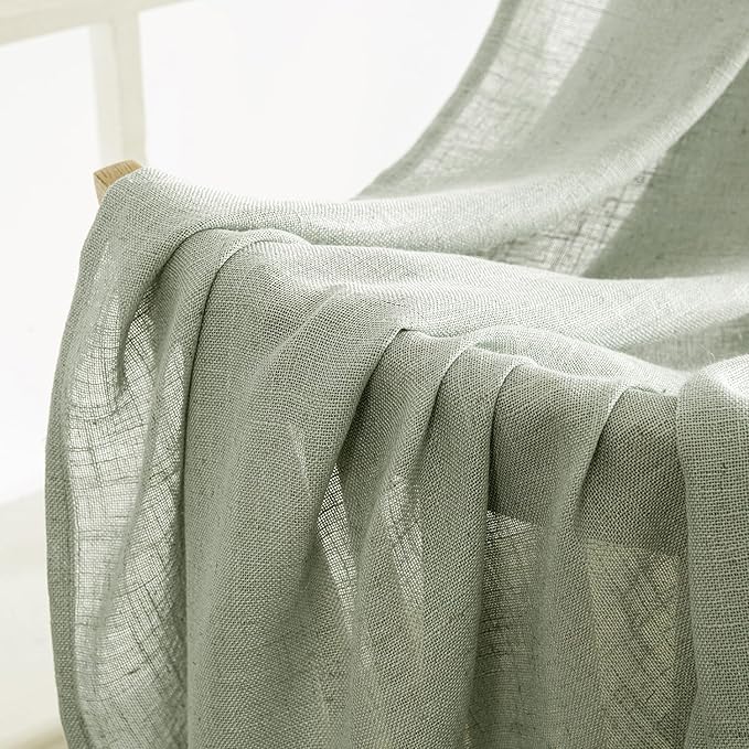 MIULEE Sage Linen Curtains 63 Inch Length 2 Panels for Bedroom Living Room,Green Soft Thick Linen Textured Kitchen Window Drapes Semi Sheer Light Filtering Back Tab Rod Pocket Burlap Look Decor