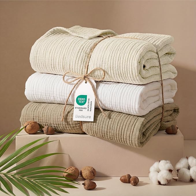 Bedsure 100% Cotton Muslin Blanket Queen Size for Bed - 4-Layer Breathable and Lightweight Thin Soft Summer Gauze Muslin Blankets for Adults, White, 90x90 Inches