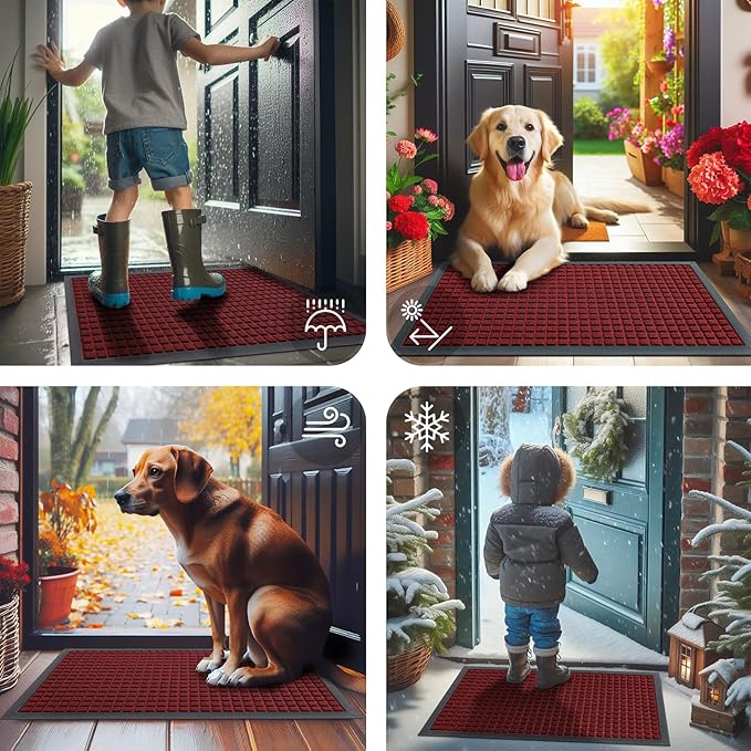 Smiry Front Door Mat Outside Entrance, Heavy Duty Natural Rubber Doormat, Non Slip, Trap Dirt and Moisture, Easy Clean, Low Profile Welcome Floor Mats for Indoor Outdoor Entry, 71x23 Inch, Red