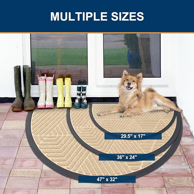 Smiry Half Circle Front Door Mat Outside Entrance, Heavy Duty Sturdy Natural Rubber Doormat, Trap Dirt and Moisture, Low Profile Mats for Indoor Outdoor Entry, Irregular Triangle (47x32, Beige)