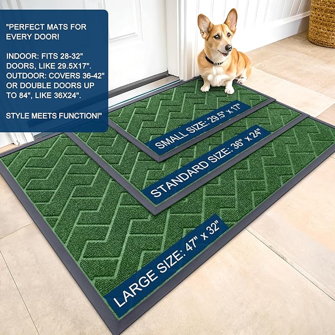 OLANLY Front Door Mat Indoor Outdoor Entrance, Waterproof All-Season, All-Weather Doormat, Sturdy Natural Rubber, Low Profile, Easy Clean Patio Porch Entryway Mat, Herringbone Brick (Green, 29.5x17)