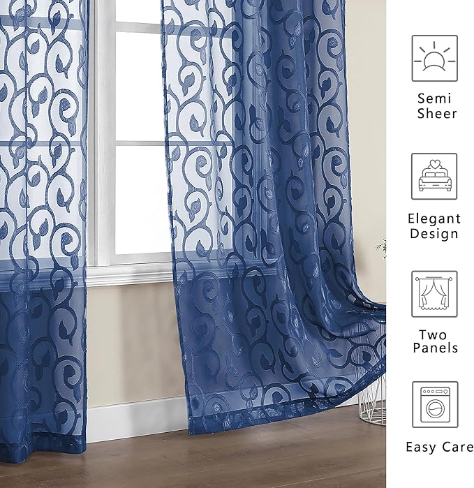 OWENIE Furman Sheer Curtains 63 inch Length for Bedroom Living Room 2 Panels Set, Jacquard Clip Textured Semi Sheer Curtains, Light Filtering Rod Pocket Farmhouse Window Treatments, Blue, 40Wx63L inch