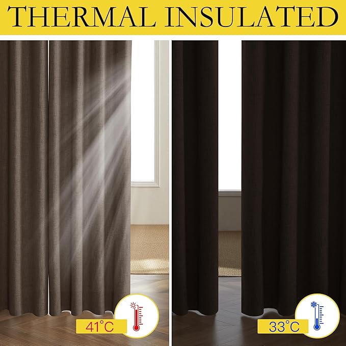 NICETOWN Coffee Vintage Linen 100% Blackout Curtains for Living Room, Thermal Insulated Curtains 108" Long, Noise Reducing Window Treatment Drapes for Hall Room, 52" Wide Per Panel, Set of 2