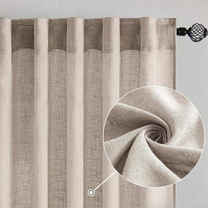 MIULEE Natural Linen Curtains 90 Inch Long 2 Panels for Bedroom Living Room, Soft Linen Textured Window Drapes Semi Sheer Light Filtering Back Tab Rod Pocket Farmhouse Modern Burlap Look Decor