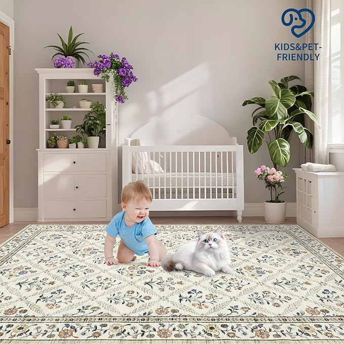 6x9 Machine Washable Area Rugs for Living Room Floral Stain Resistant Soft Carpet Vintage Low Pile Non Slip Non-Shedding Floor Carpet Rugs for Bedroom Nursery Beige