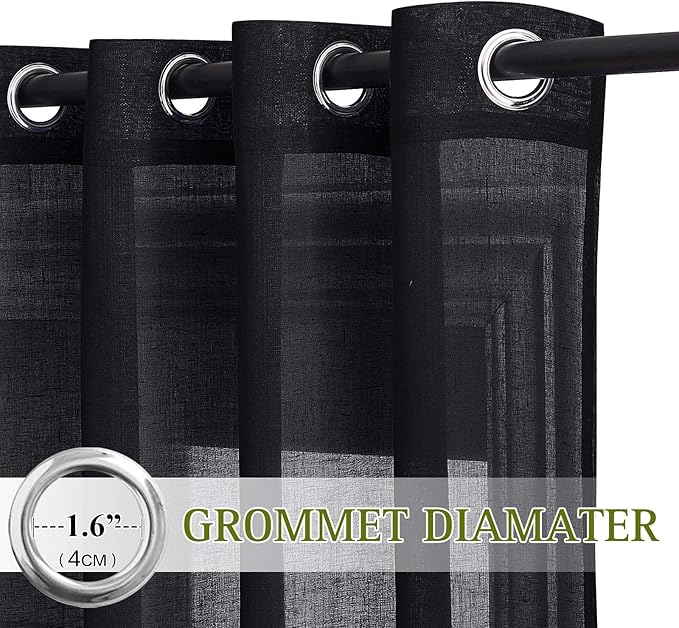 NICETOWN Semitransparent Sheer Curtains for Windows, Grommet Linen Blend Flax Durable Sheer Window Drapes Privacy Light Reducing Panels for Bedroom/Kids Room, W52 x L72, 2 Panels, Black