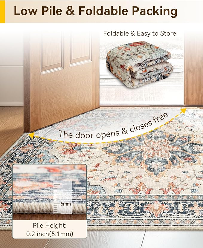 Area Rugs 2'x9' Runner Rug Non Slip Washable for Kitchen Hallway Bedroom Beside Laundry Room Bathroom Rug, Floor Carpet, Beige Navy Blue Orange Colorful
