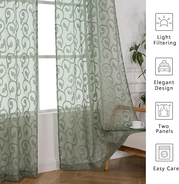 OWENIE Furman Sheer Sage Green Curtains 84 inches Long for Bedroom Living Room 2 Panels Set, White Curtains Jacquard Clip Light Filtering Semi Sheer Curtain Rod Pocket Window Drapes, 52Wx84L inch