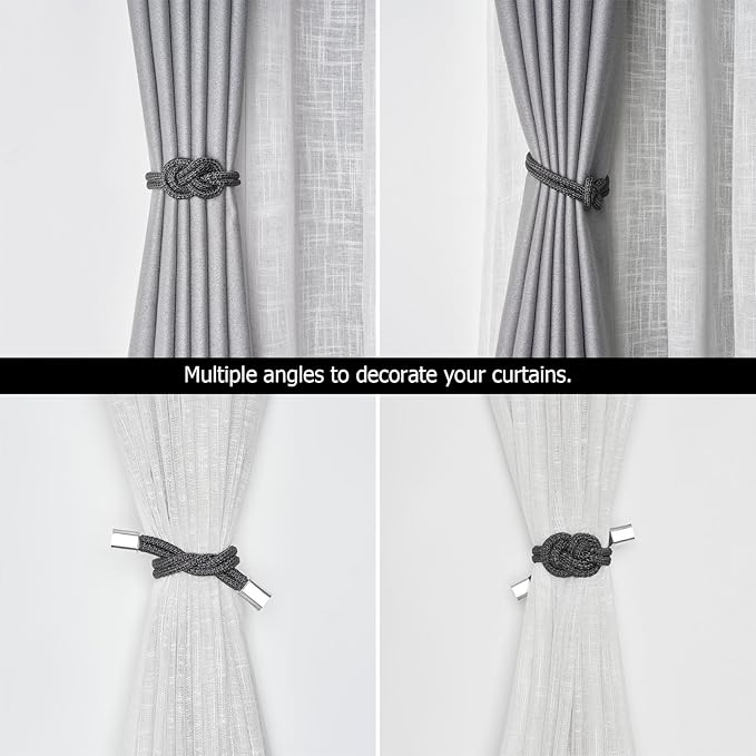 NICEEC 4 Pack Mini Magnetic Curtain Tiebacks Nordic Simple Style Drape Tie Backs Elegant Hand Weave Rope Knot Decorative Curtain Holdbacks for Home & Office Thin Window Drapery (Dark Grey)